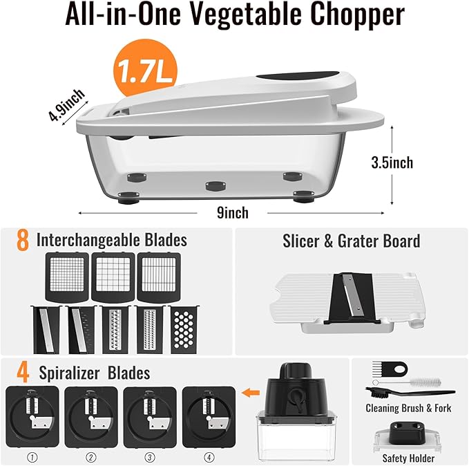 12 Blade All-in-1 Vegetable Chopper Mandoline Slicer with Container, Spiralizer with Contianers, Food Chopper, Onion Chopper, Veggie Cutter for Salad, Kitchen Gadgets Accessories Essentials, White