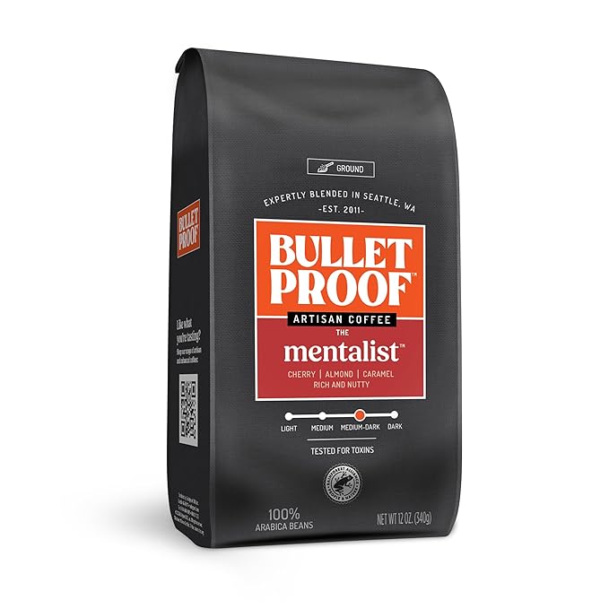 Bulletproof The Mentalist Medium-Dark Roast Ground Coffee, 12 Ounces, Clean Coffee Tested for Toxins, Packaging May Vary