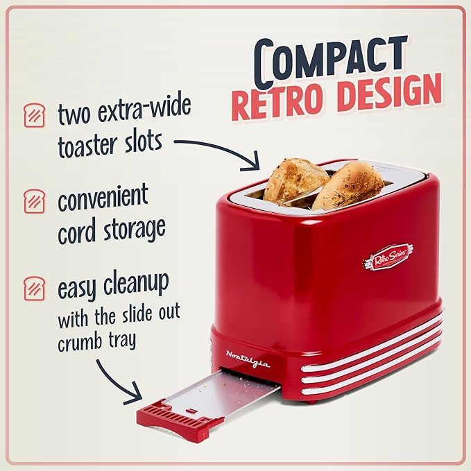 Nostalgia Retro Wide 2-Slice Toaster, Vintage Design With Crumb Tray, Cord Storage & 5 Toasting Levels, Red