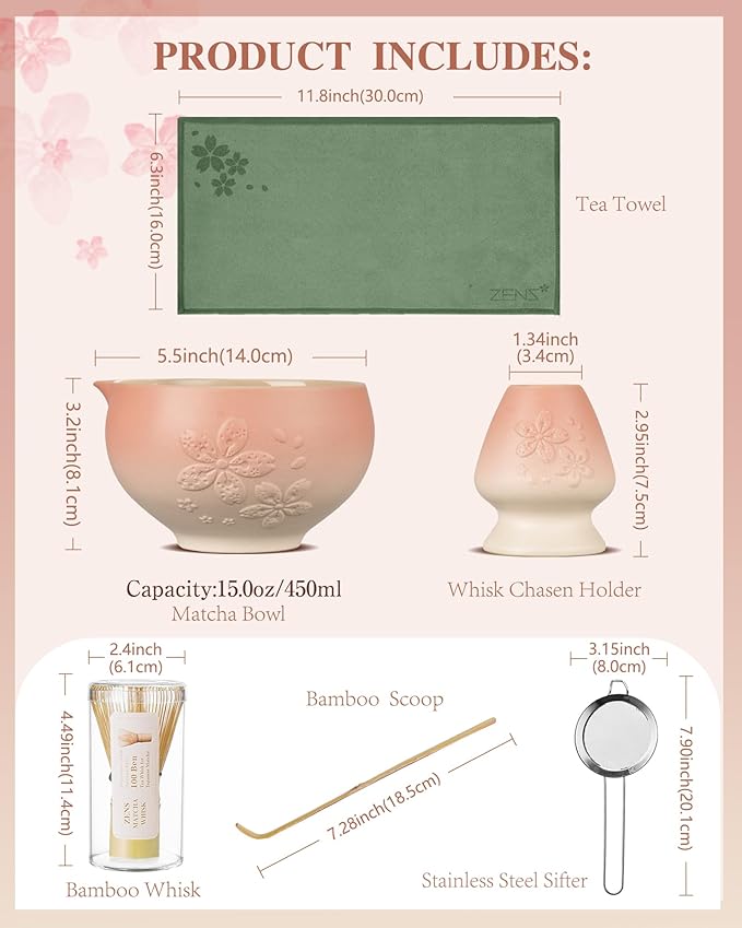 ZENS Matcha Whisk Set, Pink Ceramic Matcha Bowl with Embossed Sakura, 6pcs Matcha Tea Kit Includes Bamboo Whisk, (Chasen Holder) Scoop & Sifter, Tea Towel for Matcha Ceremony, Pink