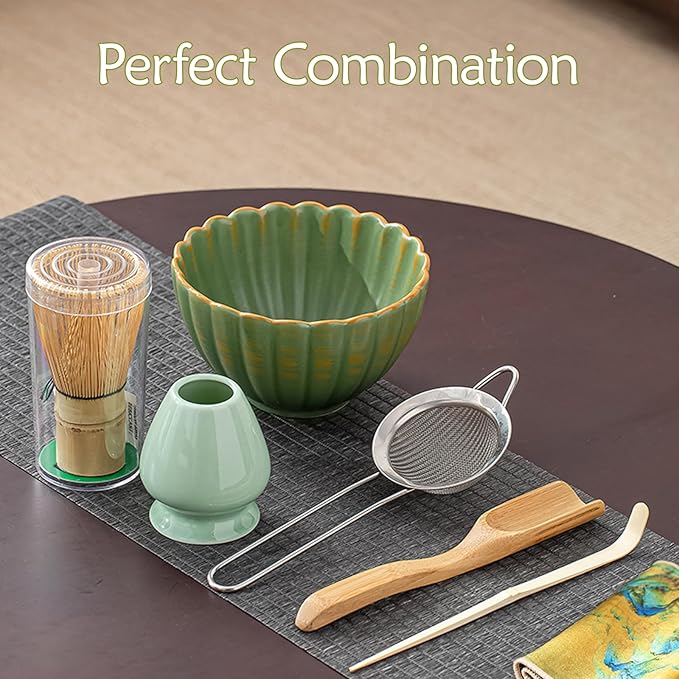 8PCS Matcha Whisk Set - Matcha Set Ceramic Whisk and Bowl, Japanese Buucup Matcha Set with Bamboo Whisk, Sifter, Scoop, Holder & Tea Towel for Traditional Matcha Ceremony (Green)