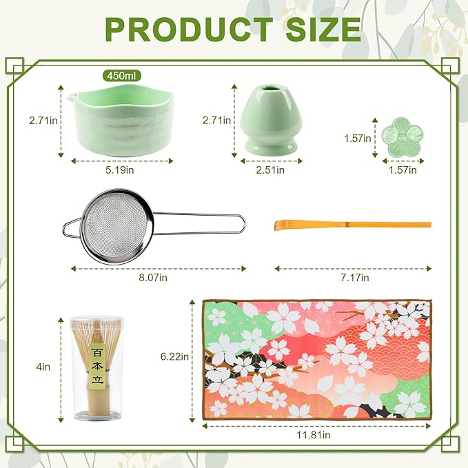 Matcha Set–7-Piece Set Including Matcha Bowl with Spout, Whisk, Chasen Holder, Sifter, Bamboo Scoop,Scoop Stand,wood spoon(Daisy Green)–Perfect for Matcha Lovers&Tea Ceremonies