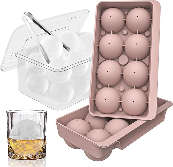 WIBIMEN Large Ice Cube Molds, Big Round Whiskey Ice Cube Trays for Freezer, Easy to Fill & Release, Whiskey Bourbon Cocktail(2.5In*8 Balls- Pink/2 Pack)