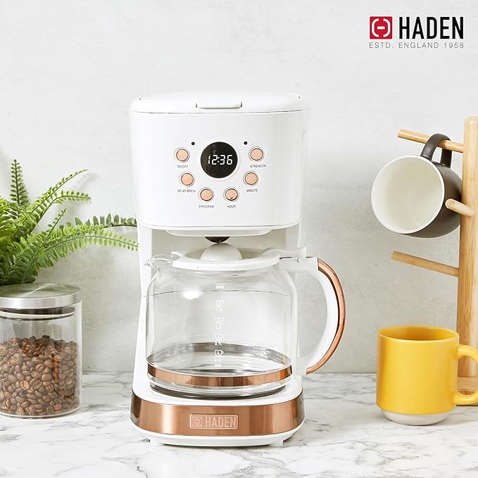 Haden Coffee Machine, 12 Cup Programmable Drip Coffee Maker with Auto Shut-Off Function and Reusable Washable Water Filter, Ivory & Copper