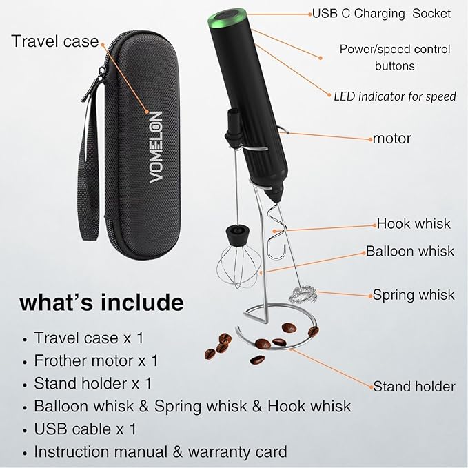 Milk Frother Handheld,3-Speed Rechargeable Coffee Foamer Drink Whisk with 3 Stainless Steel Heads Electric USB C Whisk for Coffee, Latte, Cappuccino, Hot Chocolate, Protein,Egg light Black