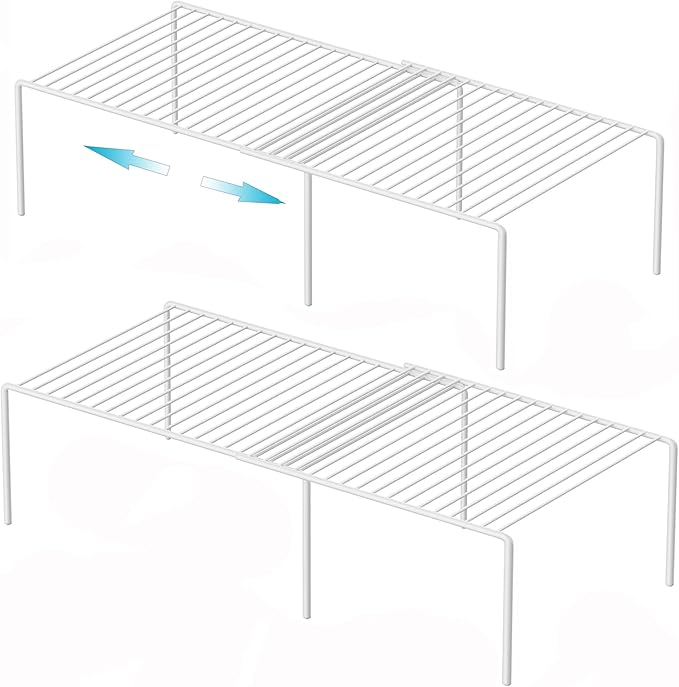 iPEGTOP Set of 2 Expandable Kitchen Cupboard Organiser, 4-Piece Adjustable Freezer Cabinet Storage Wire Shelf Rack Rustproof Metal Shelves Space Saver for Countertop Pantry Drawer Utensils (White)