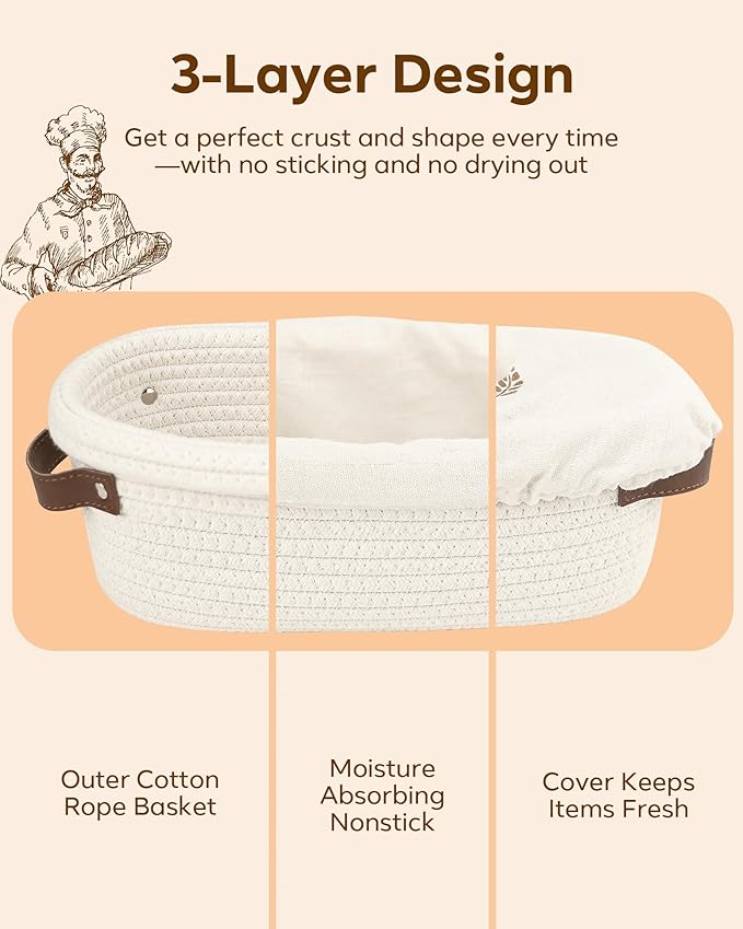 Feagar Banneton Bread Proofing Basket Set - 2 Pack Oval Cotton Rope Bread Basket with Liners, Covers & Proofing Cloth for Artisan Bread Baking, Sourdough Bread Baking Supplies