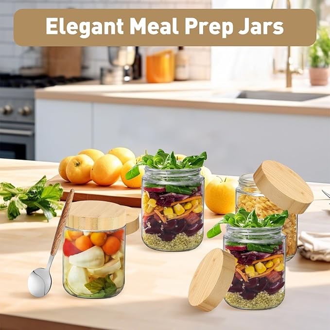 Overnight Oats Containers with Lids,16oz Wide Mouth Glass Mason jars with Bamboo Lid,Oatmeal Containers with Airtight Lid and Spoons,Meal Prep Jars for Yogurt,Chia Pudding,Snacks,Salad,Spice(6Pack)