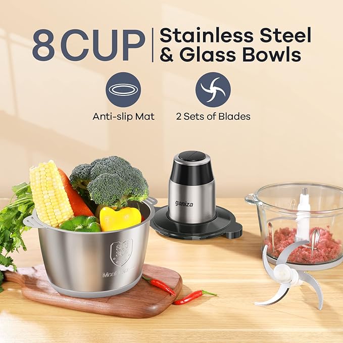 GANIZA Food Processors, Electric Food Chopper with Meat Grinder & Vegetable Chopper - 2 Bowls (8 Cup+8 Cup) with Powerful 450W Copper Motor - Includes 2 Sets of Bi-Level Blades (B0FNCM5JNM)
