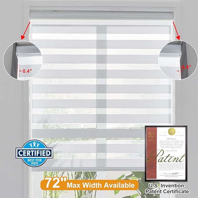 Persilux Cordless Zebra Blinds for Windows Free-Stop Roller Window Shades (39" W X 72" H, White) Dual Layer Light Control for Day and Night, Light Filtering Sheer Shades for Home, Easy to Install