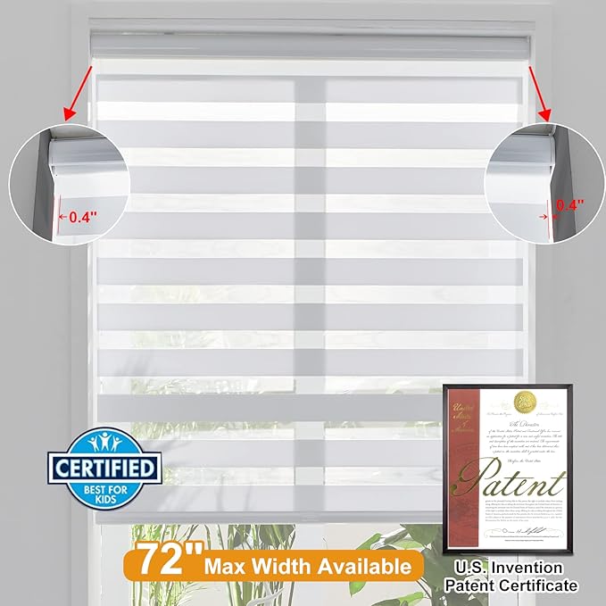 Persilux Cordless Zebra Blinds for Windows Free-Stop Roller Shades for Windows (15" W x 47" H, White) Dual Layer Room Darkening Roller Blinds for Home, Office and Kitchen