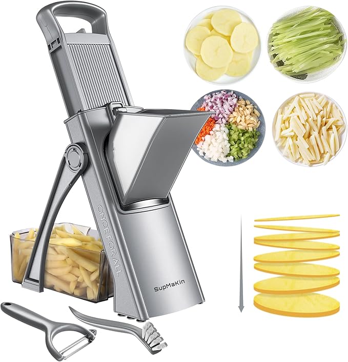 SupMaKin Upgrade Safe Mandoline Slicer for Kitchen,Adjustable Potato Slicer Vegetable Onion Chopper, French Fry Cutter, Include Vegetable Peeler(Gray)
