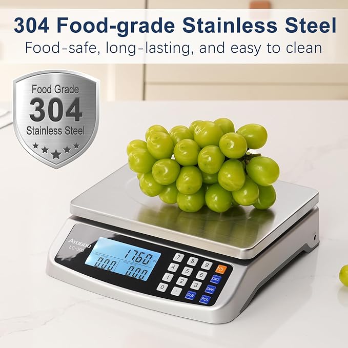 66lb Food Scale, Commercial Kitchen Scale with Price Computing, Plug-in Usable, 0.05oz/1g, 304 Stainless Steel, for Cooking, Vegetables, Farm, Industry, Counting. LC300 Silver