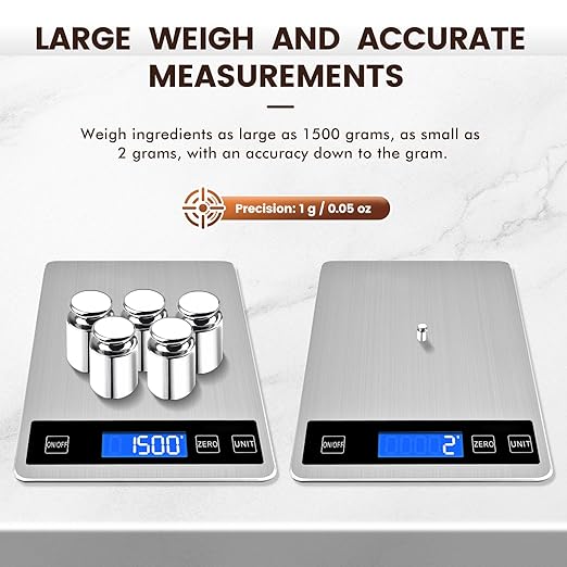 33lb Food Scale, Digital Kitchen Scale Batteries and USB Charging,1g/0.05oz Precise Graduation, Waterproof Stainless Steel with LCD Display Weight Grams and oz for Cooking Baking (Stainless Steel)