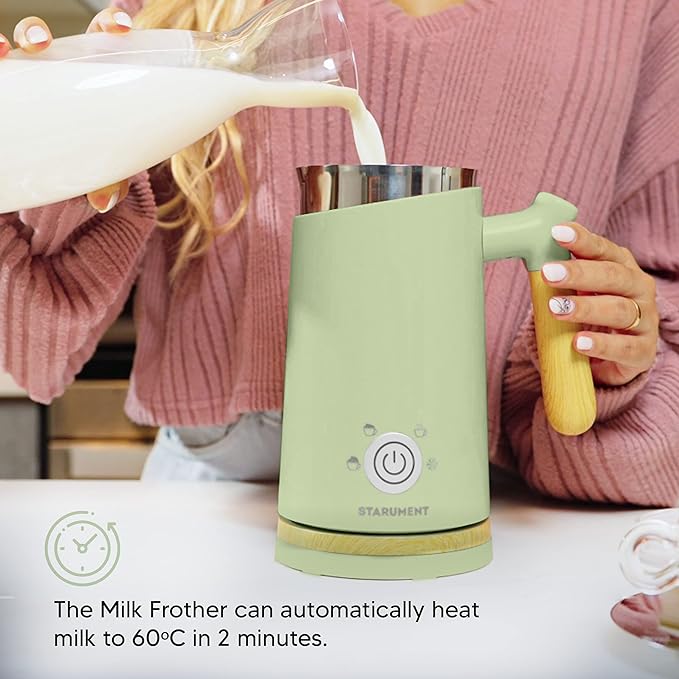 Starument Electric Milk Frother and Steamer - Automatic Foamer & Heater for Coffee, Latte, Cappuccino, Other Creamy Drinks - 4 Settings Cold Foam, Airy, Dense Warm, Green, 8x4x5 inches