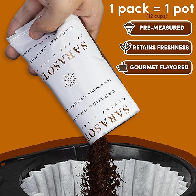 Sarasota Coffee Ground Packets | Gourmet Flavored Medium Roast Grounds Coffee Packs | Salted Caramel | Low Acid Mold Free Individual Single Pot Pouches for 12 Cup Coffee Maker | 2 Ounce Bags, 12 Count
