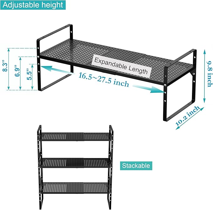 iPEGTOP 3 Pack Large Expandable Cabinet Storage Shelf, Heavy Duty Stackable Steel Metal Spice Rack Adjustable Height Home Office Pantry Garage Shelves for Counter Kitchen Organization, Black