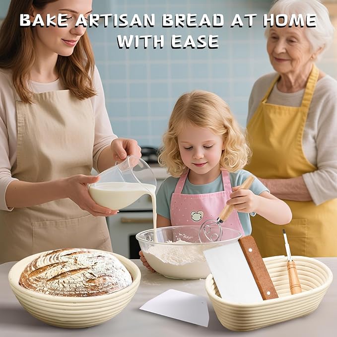 Banneton Bread Proofing Basket Banneton Basket Set Sourdough Proofing Basket Round Proofing Bowls Handmade Rattan Baskets and Liners (Oval of 2 Gift Set)