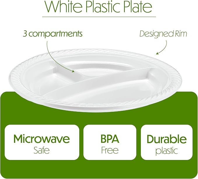 PLASTICPRO 9 inch Round Plastic Plates 3 Compartment - 3 Section Plates Microwaveable, Disposable, White, Dinnerware 400 Count