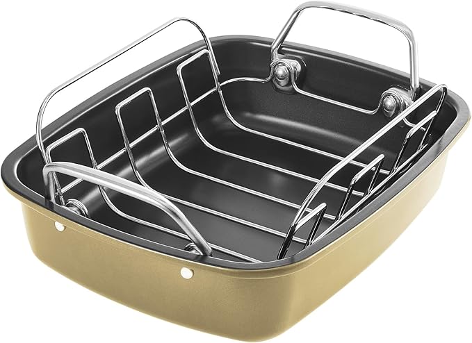 KITESSENSU Nonstick Turkey Roasting Pan with Rack, Gold