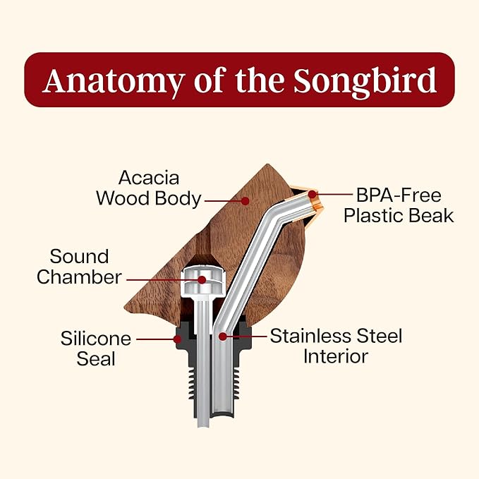 Songbird Specialties Wine Bottle Pourer, Fun Wine Pourer Spout Sings While It Pours, Airtight Wine Bottle Sealer, Acacia Wood with Turquoise Wings