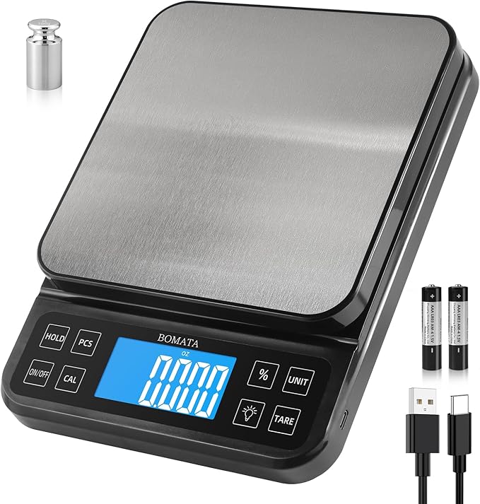 BOMATA Large Kitchen Scale with 0.1g/0.001oz High Precision, 5kg/11lb Bakery Scale with% Percentage Function, USB Rechargeable, Full-View Angle LCD with Backlight, Stainless Steel Pan