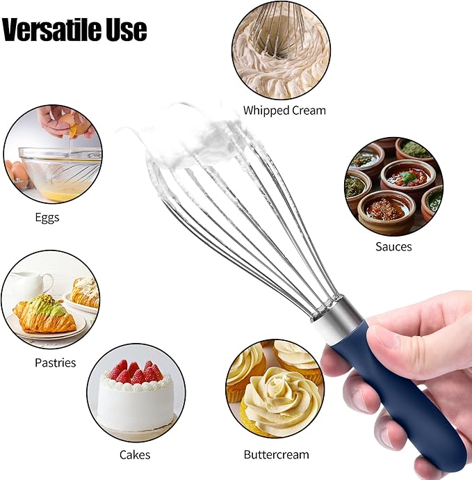18/8 Stainless Steel Balloon Whisk, Doosu Kitchen Whisk for Cooking Handheld Egg Beater with Rust-Proof Sturdy Wires & Non-Slip Silicone Handle for Beating, Stirring, Blending (6 Wires, Navy Blue)