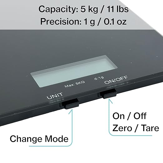 Glass Platform Digital Kitchen Scale - for Food Coffee Lab - LCD Display gram Ounces lb:oz fl.oz ml - 11 LB/5 KG Capacity - Battery Included - White by The Display Guys