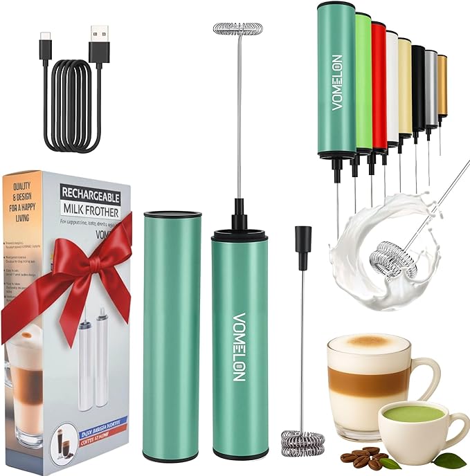 Milk Frother, Rechargeable Battery Operated Frother for Coffee,Portable Drink Mixer with 2 Stainless Steel Whisk Heads,Milk Foamer for Keto Coffee, Latte, Cappuccino, Hot Chocolate,Light Blue