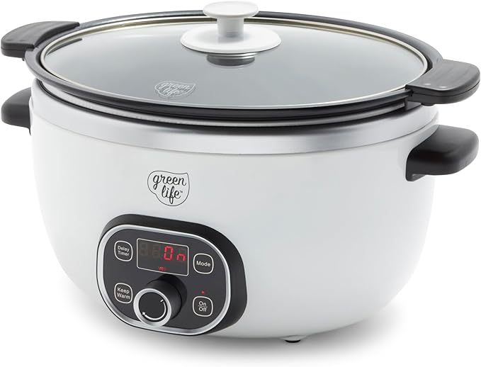 GreenLife 8QT Slow Cooker, Non-Toxic PFAS-Free Ceramic Nonstick Removable Interior Bowl, Programmable, Family Friendly, Keep Warm, Stovetop & Oven Safe, Dishwasher Safe Parts, Timer, Glass Lid, White