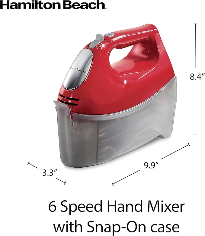 Hamilton Beach 6-Speed Electric Hand Mixer with Whisk, Traditional Beaters, Dough Hooks, Snap-On Storage Case, 275 Watts, Red