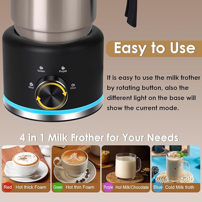 Milk Frother, 16.9 OZ Milk Frother and Steamer, 4 in 1 Electric Milk Frother Dishwasher Safe Durable Silent Frother for Coffee Hot and Cold Foam Maker (Black Stainless)