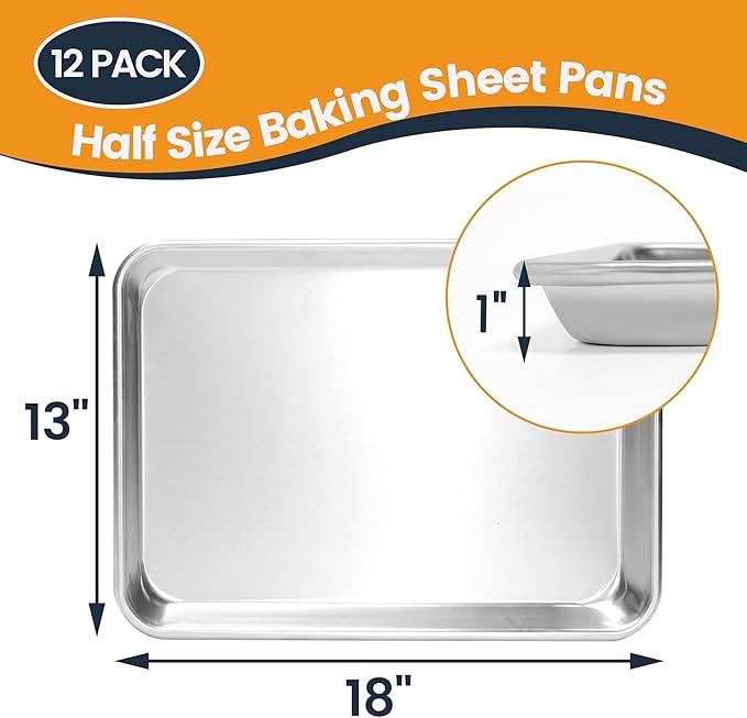 12 Pack Half Size Baking Sheet Pan, Aluminum Commercial Cookie Sheet Pan, Durable & Anti-Stick 18”x 13”