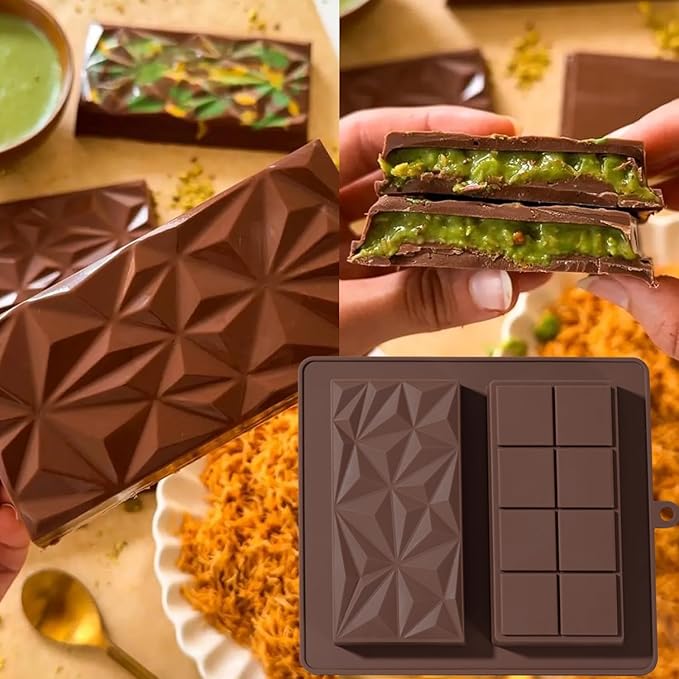 Chocolate Bar Mold Deep Dubai 1 Inch 2 Pcs Pistachio Chocolate Bar Silicone Thick Mold for Stuffed Bar, Large Candy Bar Mould for Filling, Brown