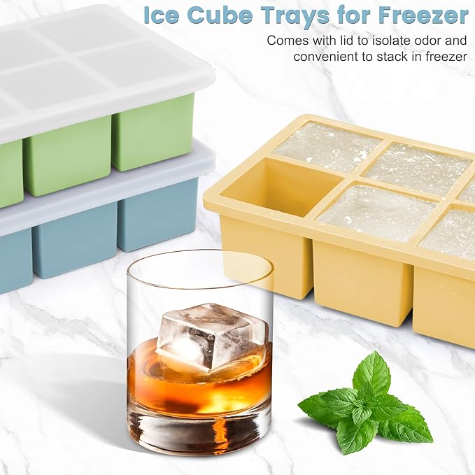 Large Silicone Ice Cube Tray 3Pack, SAWNZC Big Square Ice Cube Molds for Whisky Cocktail, Ice Maker Tray with Lid for Freezer, Easy Release (3, Blue-Green-Yellow)
