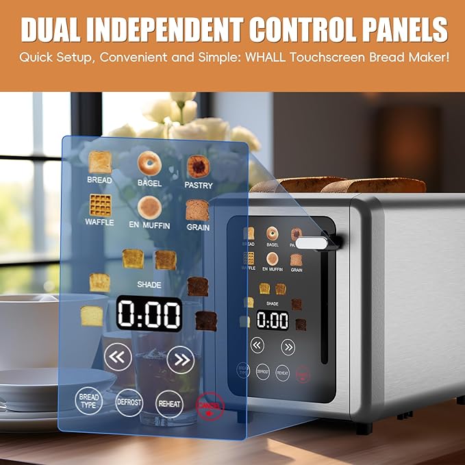 Touch screen Toaster 2 slice,Stainless Steel Digital Timer Toasters with Sound Function,6 Bread Types & 6 Shade Settings,Smart Extra Wide Slots Toaster with Bagel,Defrost Functions,Brushed steel