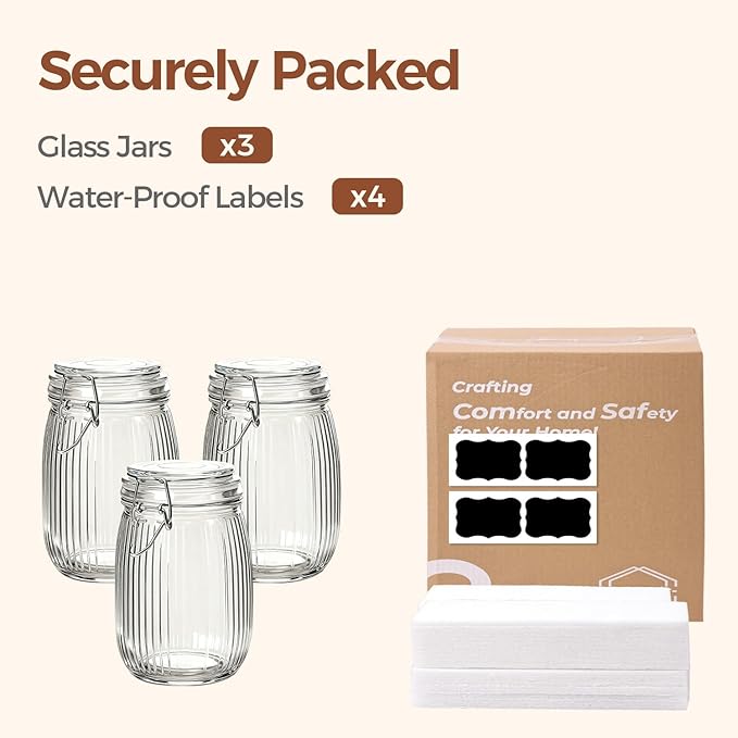 ComSaf Airtight Glass jar with lid 37oz Set of 3, Glass Storage Containers with Lids, Glass Canisters, Striped Clip Fastening Jar for Kitchen Canning, Tea, Pasta, Sugar, Beans, Cookie, Jam, Oat