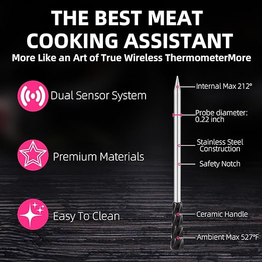 Wireless Smart Meat Thermometer with Bluetooth | Long Range | Measures Internal & Ambient Temp | for BBQ, Oven, Grill, Kitchen, Smoker, Rotisserie (DEEP Black)