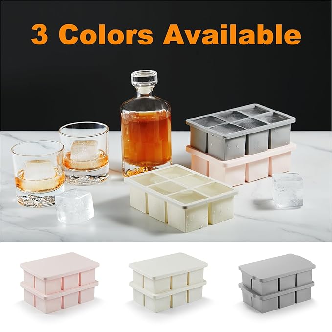 Nax Caki Pink Large Ice Cube Tray with Lid Pack of 2, Stackable Big Silicone Square Ice Cube Mold for Whiskey Cocktails Bourbon Soups Frozen Treats, BPA Free
