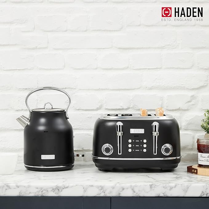Haden Heritage 4 Slice Wide Slot Stainless Steel Toaster Bundled with 1.7 Liter Stainless Steel Electric Water Kettle, Black & Chrome