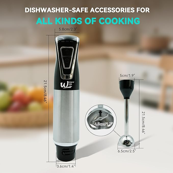 Cordless Immersion Hand Blender by Weavelife - Rechargeable, Portable, One-Touch Control & Safety Lock for Pureeing, Soups, Smoothies with Stainless Steel Blade