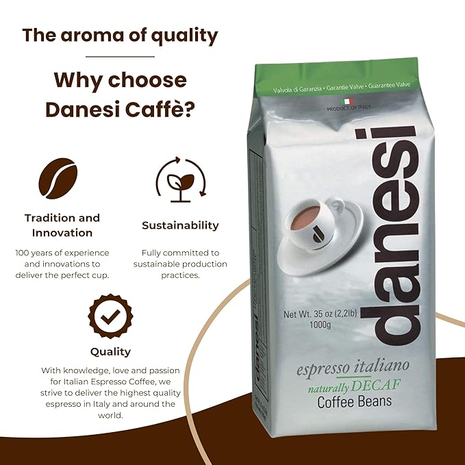 Danesi Caffe Italian Whole Coffee Beans - Espresso Coffee Beans and Medium Roast Whole Bean - Perfect for Espresso Machines, French Press, and Home Brewing - Decaf (4.5 lb)