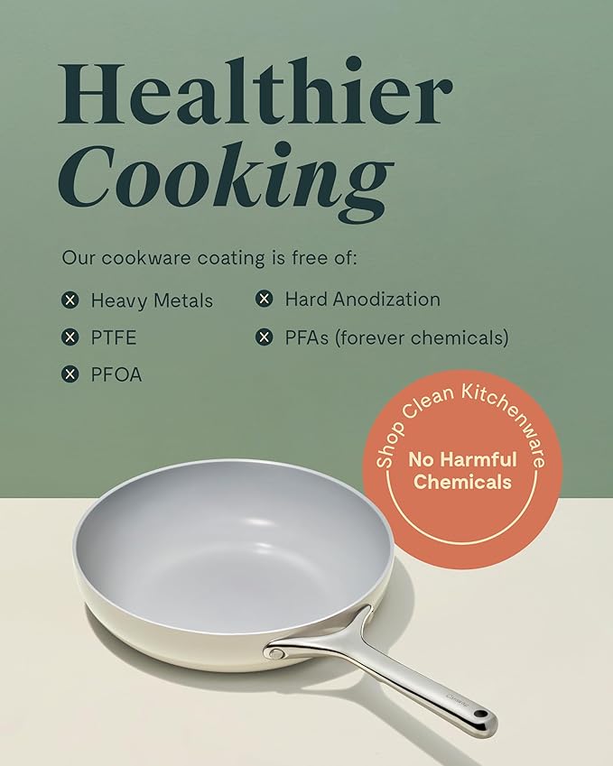 Caraway Nonstick Ceramic Frying Pan With Glass Lid (2.7 qt, 10.5") - Non Toxic, PTFE & PFOA Free - Oven Safe & Compatible with All Stovetops (Gas, Electric & Induction) - White
