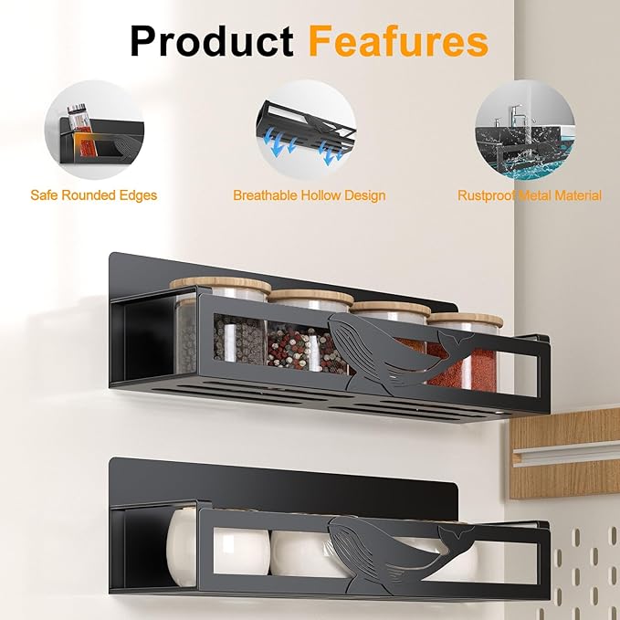 Magnetic Spice Rack for Refrigerator, 2 Pack Metal Magnetic Shelf Organizer for Fridge Side, Strong Spice Storage Rack for Kitchen, Black