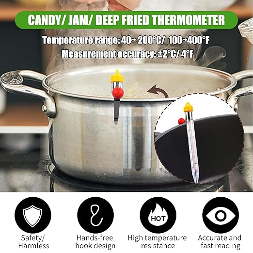 New Candy Thermometer with Pot Clip and Hanging Hook, Deep Fry Oil Thermometer Candy, Sugar Syrup Jam Jelly Instant Read Glass Food Kitchen Cooking Thermometer for Candy Making and Food