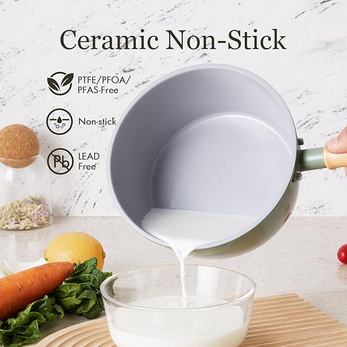 ROCKURWOK Ceramic Nonstick Sauce Pan with Lid, 2 Quart Cooking Pot, Small Saucepan with Steamer, PTFE& PFAS-Free, Wooden Handle for Cool Touch, Universal Base(Gas, Electric & Induction), Green