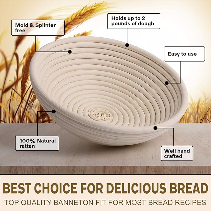 Bread Proofing Basket Set 9.6 Inch Oval and 10 Inch Round Natural Rattan Proofing Baskets with Bread Lame and Dough Scraper and Linen Liner Bread Making Tools for Professional and Home Bakers