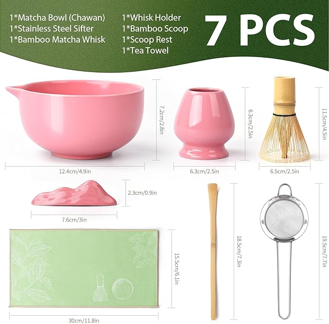 Matcha Whisk Set, 7 Pcs Matcha Kit with Matcha Bowl, Spout, Whisk and Holder, Bamboo Scoop and Stainless Steel Sifter, Japanese Matcha Set for Ceremony, Gift for Matcha Lover