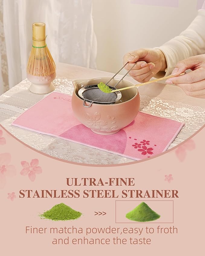ZENS Matcha Whisk Set, Pink Ceramic Matcha Bowl with Embossed Sakura, 6pcs Matcha Tea Kit Includes Bamboo Whisk, (Chasen Holder) Scoop & Sifter, Tea Towel for Matcha Ceremony, Pink
