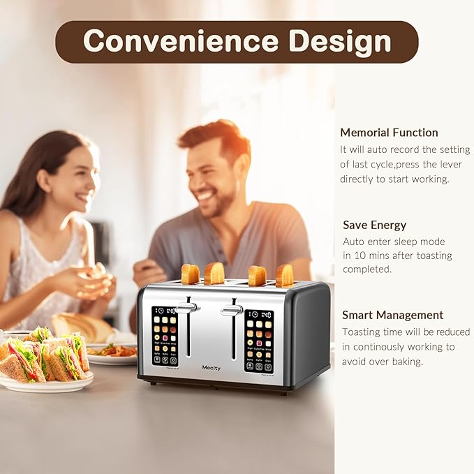 Mecity 4 Slice Toaster with Touch Screen Control, 4 Wide Slots, Stainless Steel Smart Bread Toaster for Bagels, Muffins, Waffles, Dual Control Panel, Timer, Defrost, Reheat, 120V 1650W, Matt Black